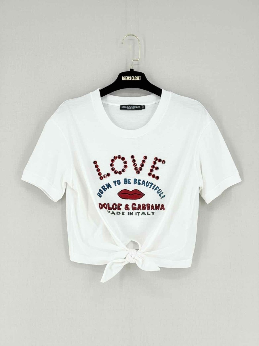 Pre - loved DOLCE & GABBANA Cropped White Logo Print Size US 6 Top at Reems Closet