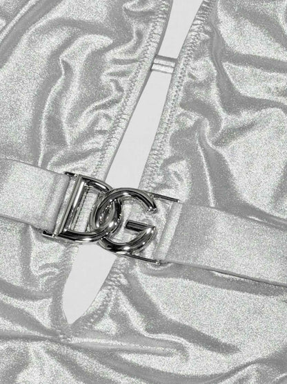 Pre - loved DOLCE & GABBANA Logo Plaque Silver Size Medium Swimsuit at Reems Closet