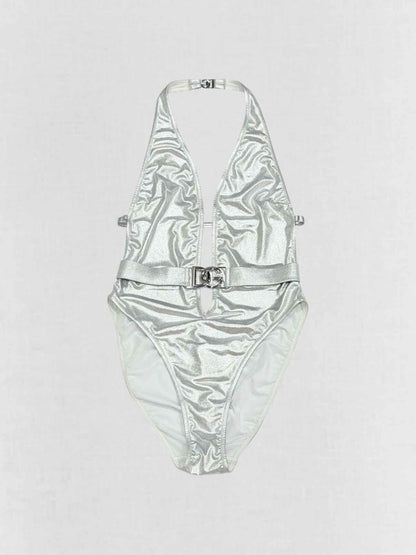 Pre - loved DOLCE & GABBANA Logo Plaque Silver Size Medium Swimsuit at Reems Closet
