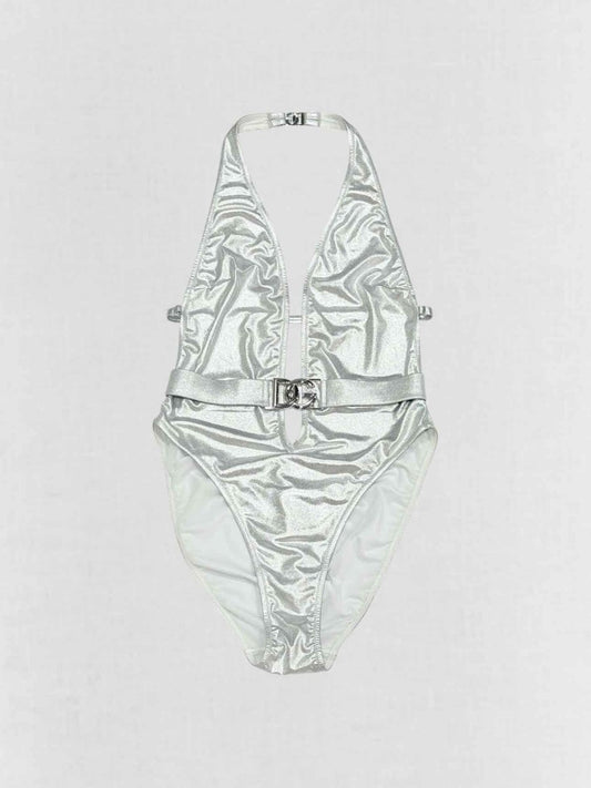 Pre - loved DOLCE & GABBANA Logo Plaque Silver Size Medium Swimsuit at Reems Closet