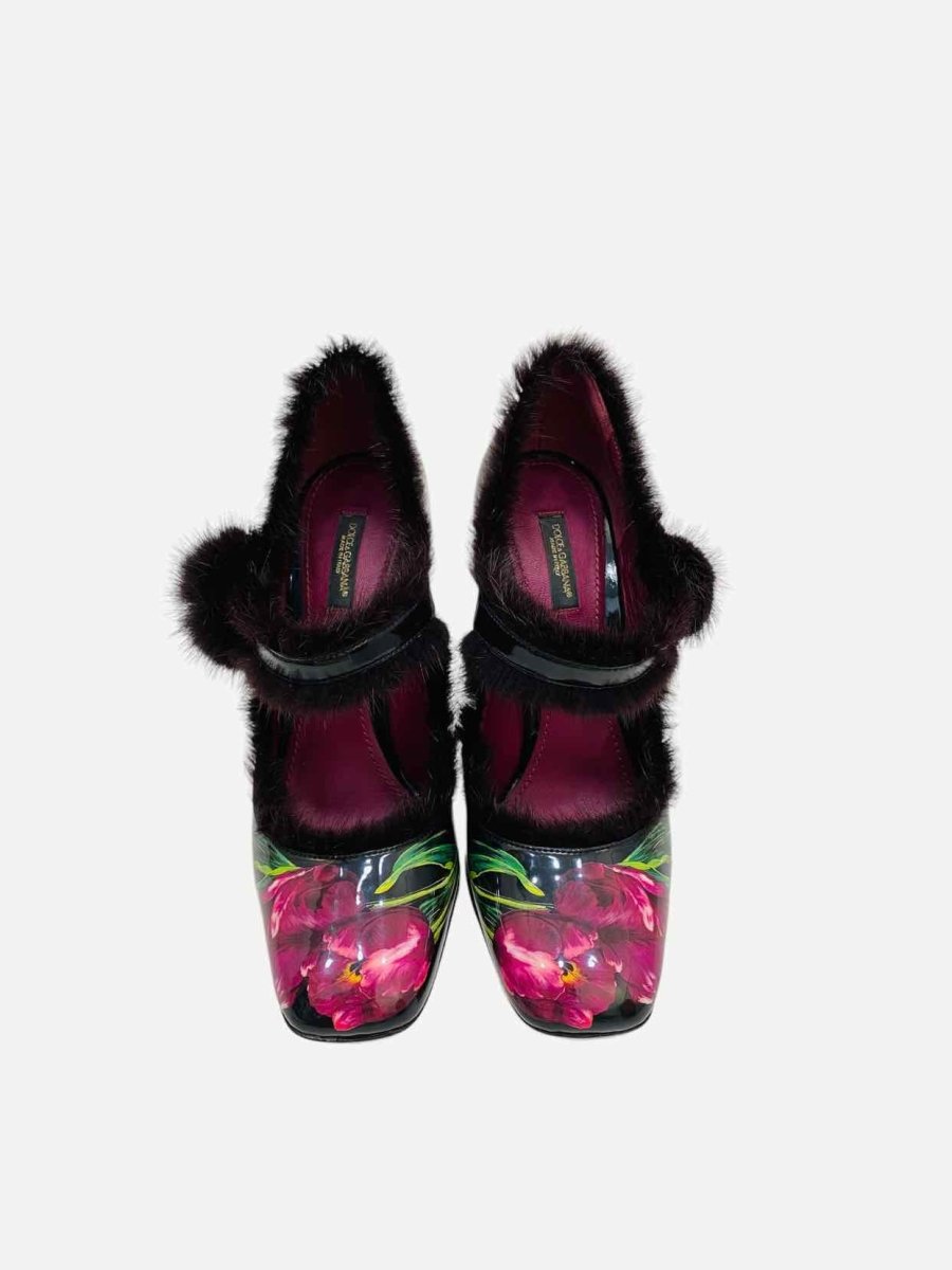 Pre - loved DOLCE & GABBANA Mary Jane Black & Burgundy Tulip Pumps at Reems Closet