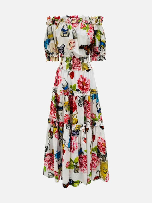 Pre - loved DOLCE & GABBANA Maxi White Multicolor Maxi Dress at Reems Closet