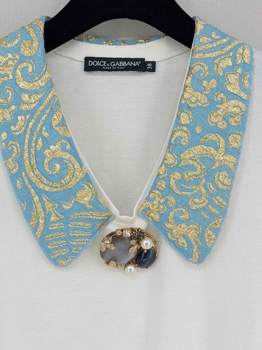 Pre - loved DOLCE & GABBANA White w/ Blue & Gold Size US 2 Top at Reems Closet