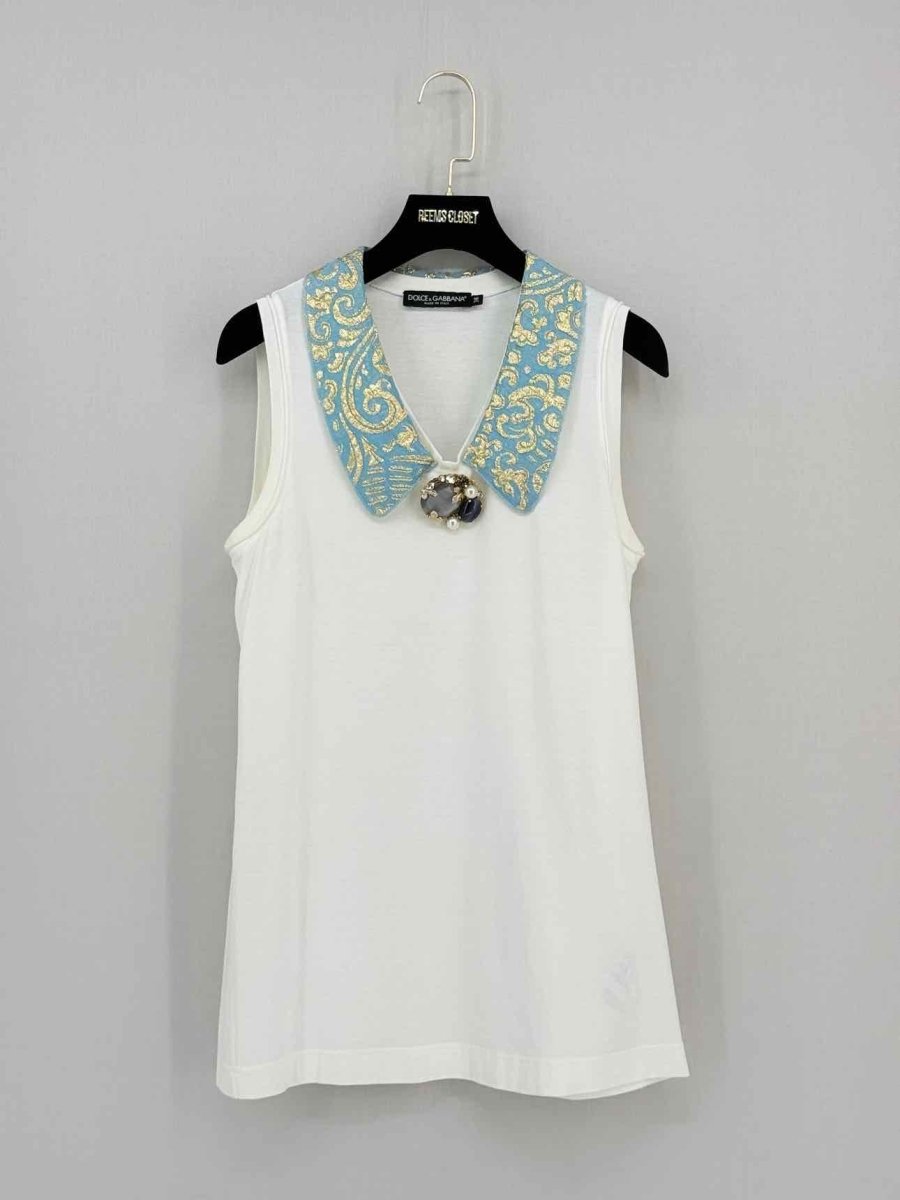 Pre - loved DOLCE & GABBANA White w/ Blue & Gold Size US 2 Top at Reems Closet