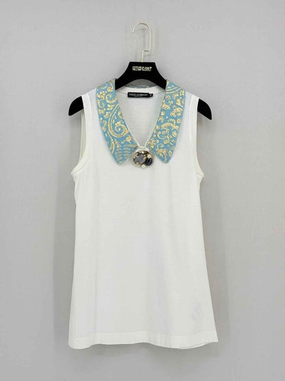Pre - loved DOLCE & GABBANA White w/ Blue & Gold Size US 2 Top at Reems Closet
