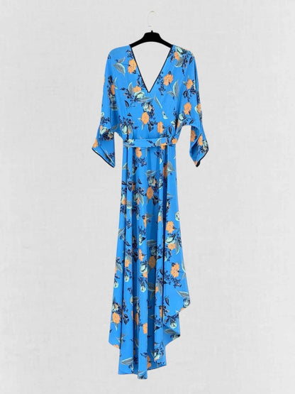 Pre - loved DVF Blue Multicolor Printed Size Medium Midi Dress at Reems Closet