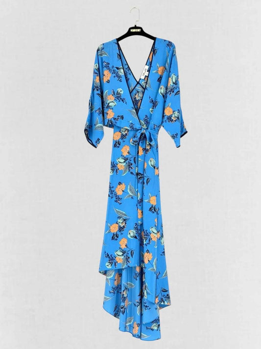 Pre - loved DVF Blue Multicolor Printed Size Medium Midi Dress at Reems Closet