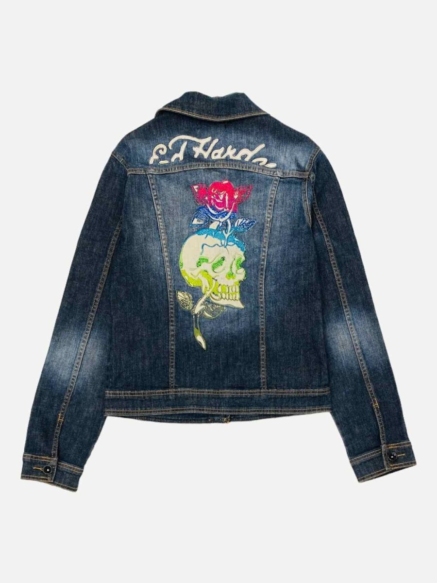 Pre-loved ED HARDY Denim Dark Grey Embroidered Jacket from Reems Closet