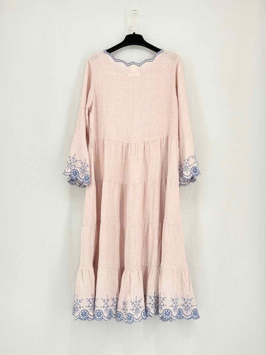 Pre - loved EKA Pink & Blue Embroidered Size Small Midi Dress at Reems Closet