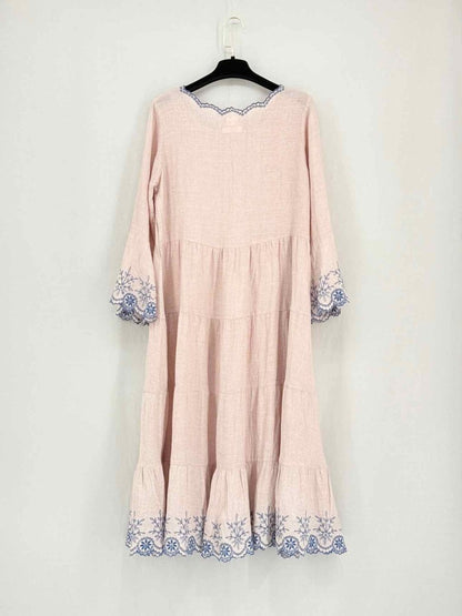 Pre - loved EKA Pink & Blue Embroidered Size Small Midi Dress at Reems Closet