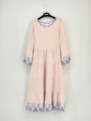 Pre - loved EKA Pink & Blue Embroidered Size Small Midi Dress at Reems Closet