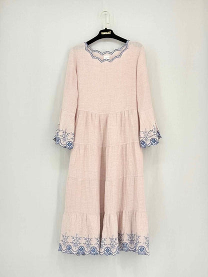 Pre - loved EKA Pink & Blue Embroidered Size Small Midi Dress at Reems Closet