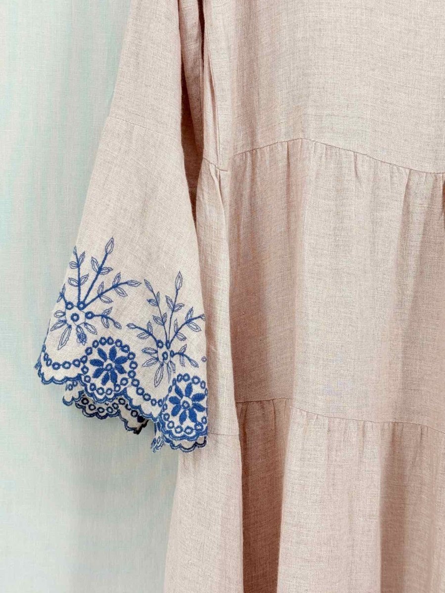 Pre - loved EKA Pink & Blue Embroidered Size Small Midi Dress at Reems Closet