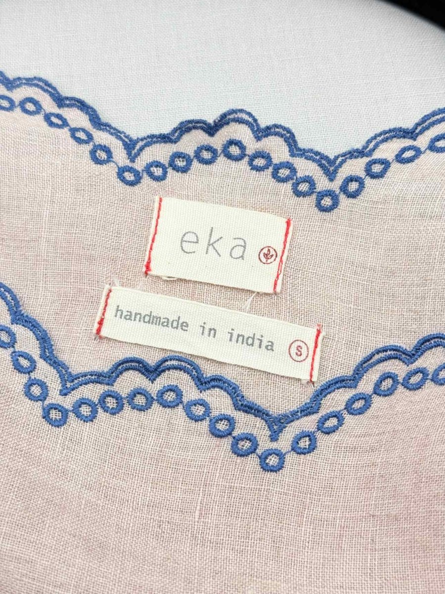 Pre - loved EKA Pink & Blue Embroidered Size Small Midi Dress at Reems Closet