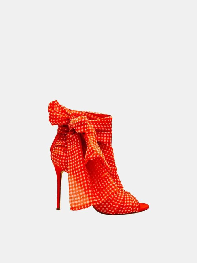 Pre - loved ELISABETTA FRANCHI Ankle Tie Orange & White Booties at Reems Closet