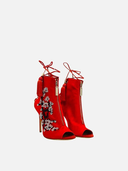 Pre - loved ELISABETTA FRANCHI Red Sequin Flower Ankle Boots at Reems Closet