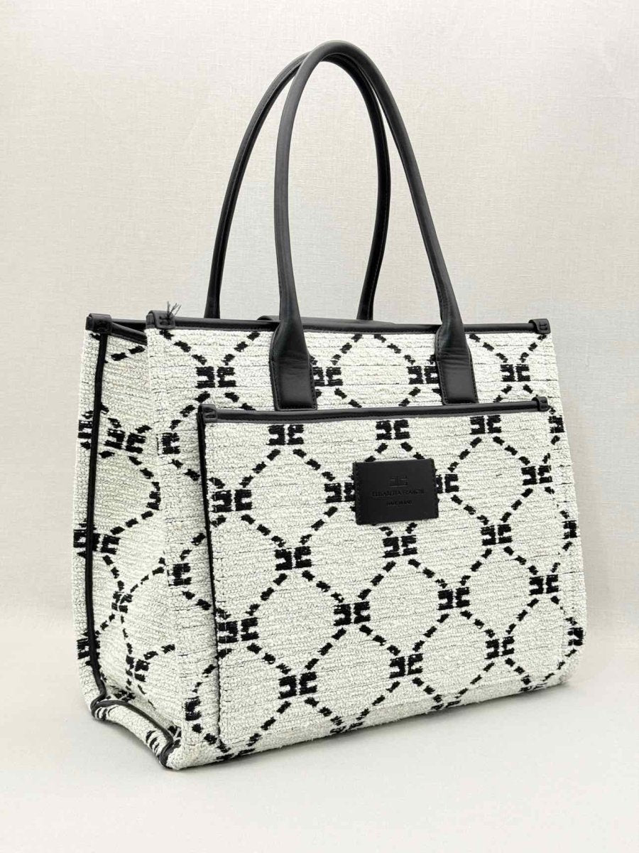 Pre-loved ELISABETTA FRANCHI White & Black EF Monogram Tote Bag at Reems Closet