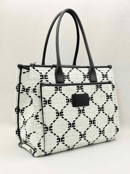 Pre-loved ELISABETTA FRANCHI White & Black EF Monogram Tote Bag at Reems Closet