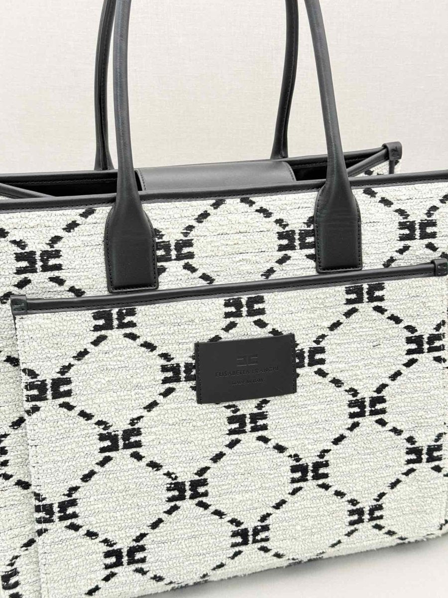 Pre-loved ELISABETTA FRANCHI White & Black EF Monogram Tote Bag at Reems Closet