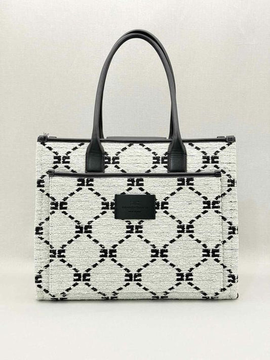 Pre-loved ELISABETTA FRANCHI White & Black EF Monogram Tote Bag at Reems Closet