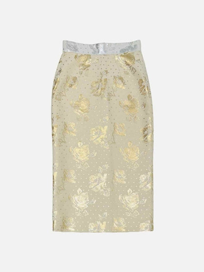 Pre - loved EMILIA WICKSTEAD Beige & Gold Jacquard Midi Skirt at Reems Closet