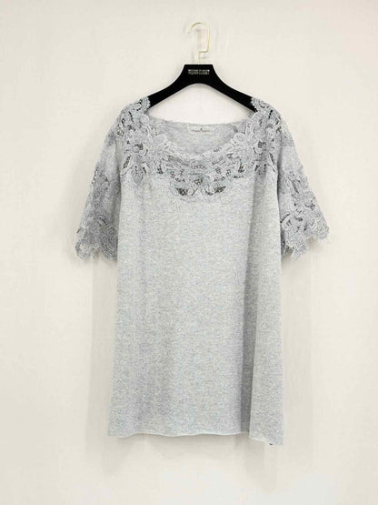 Pre - loved ERMANNO SCERVINO Light Grey Lace Trim Size Medium Top at Reems Closet