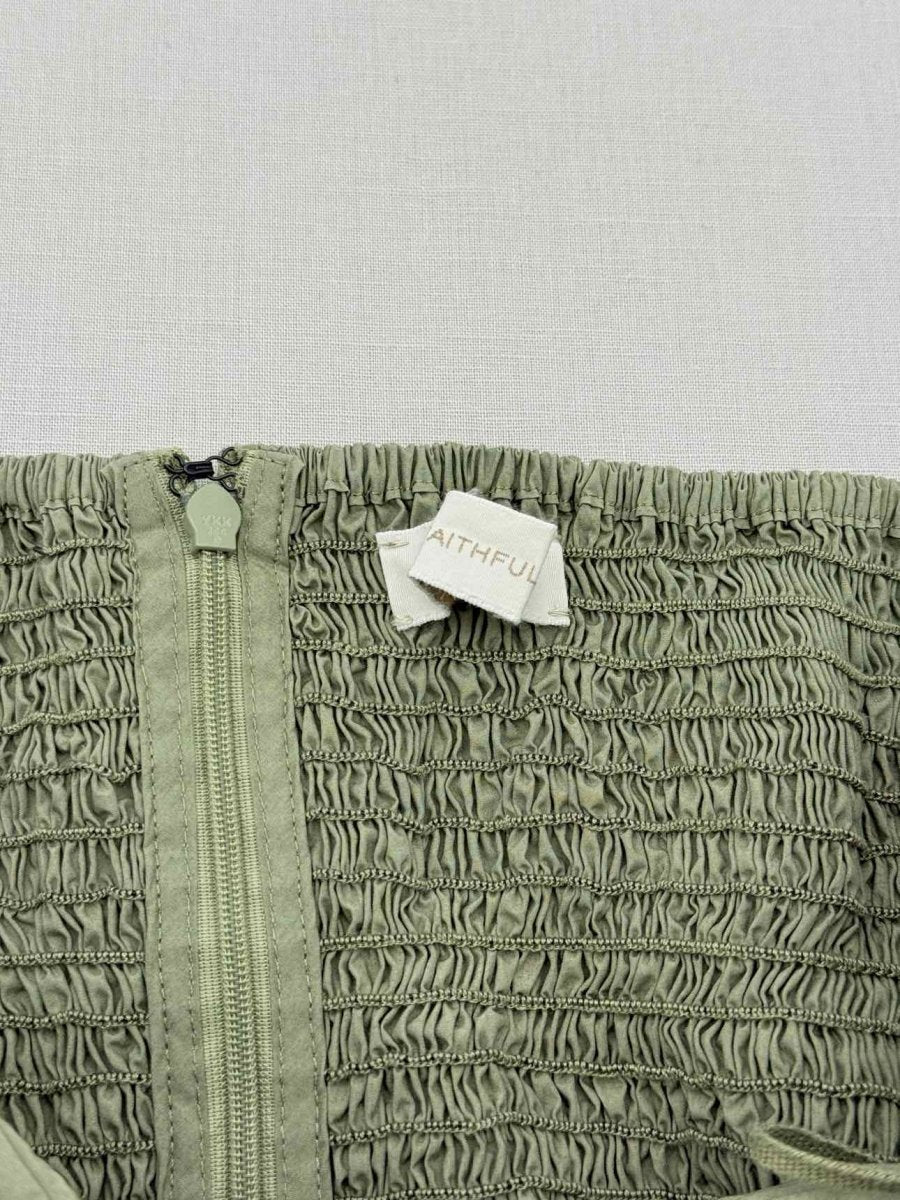 Pre - loved FAITHFULL THE BRAND Smocked Khaki Size US 12 Midi Dress at Reems Closet
