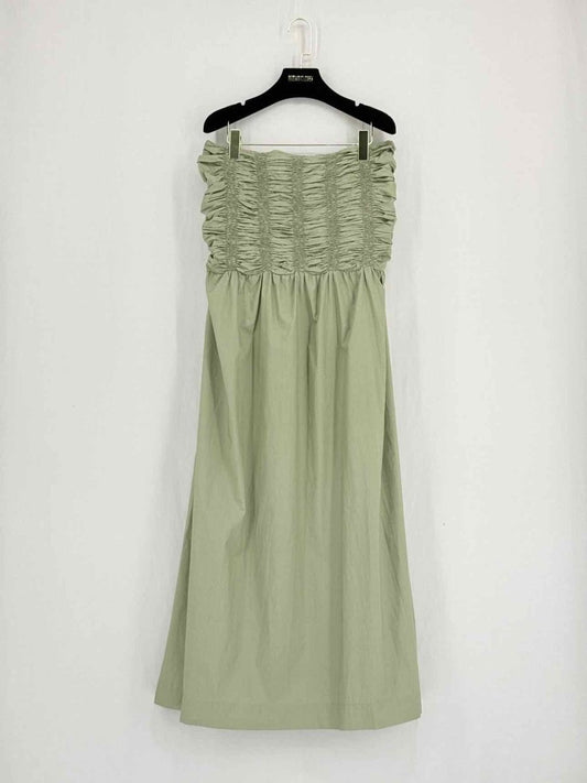 Pre - loved FAITHFULL THE BRAND Smocked Khaki Size US 12 Midi Dress at Reems Closet