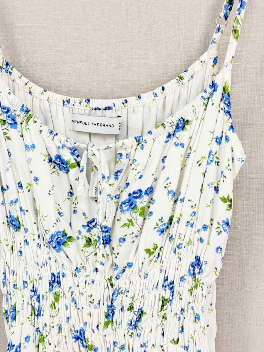 Pre-loved FAITHFULL THE BRAND White & Blue Size US 4 Midi Dress at Reems Closet