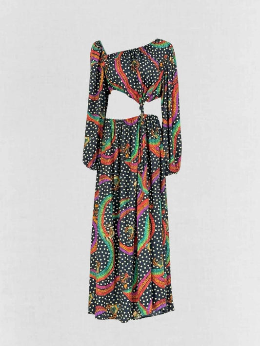 Pre - loved FARM RIO Black Multicolor Print Size XSmall Midi Dress at Reems Closet