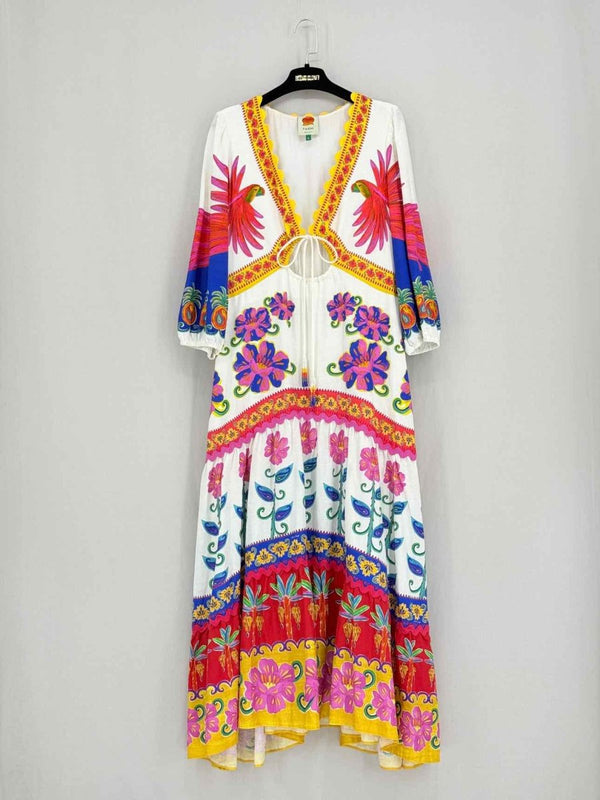 Pre - loved FARM RIO White Multicolor Size Medium Midi Dress at Reems Closet