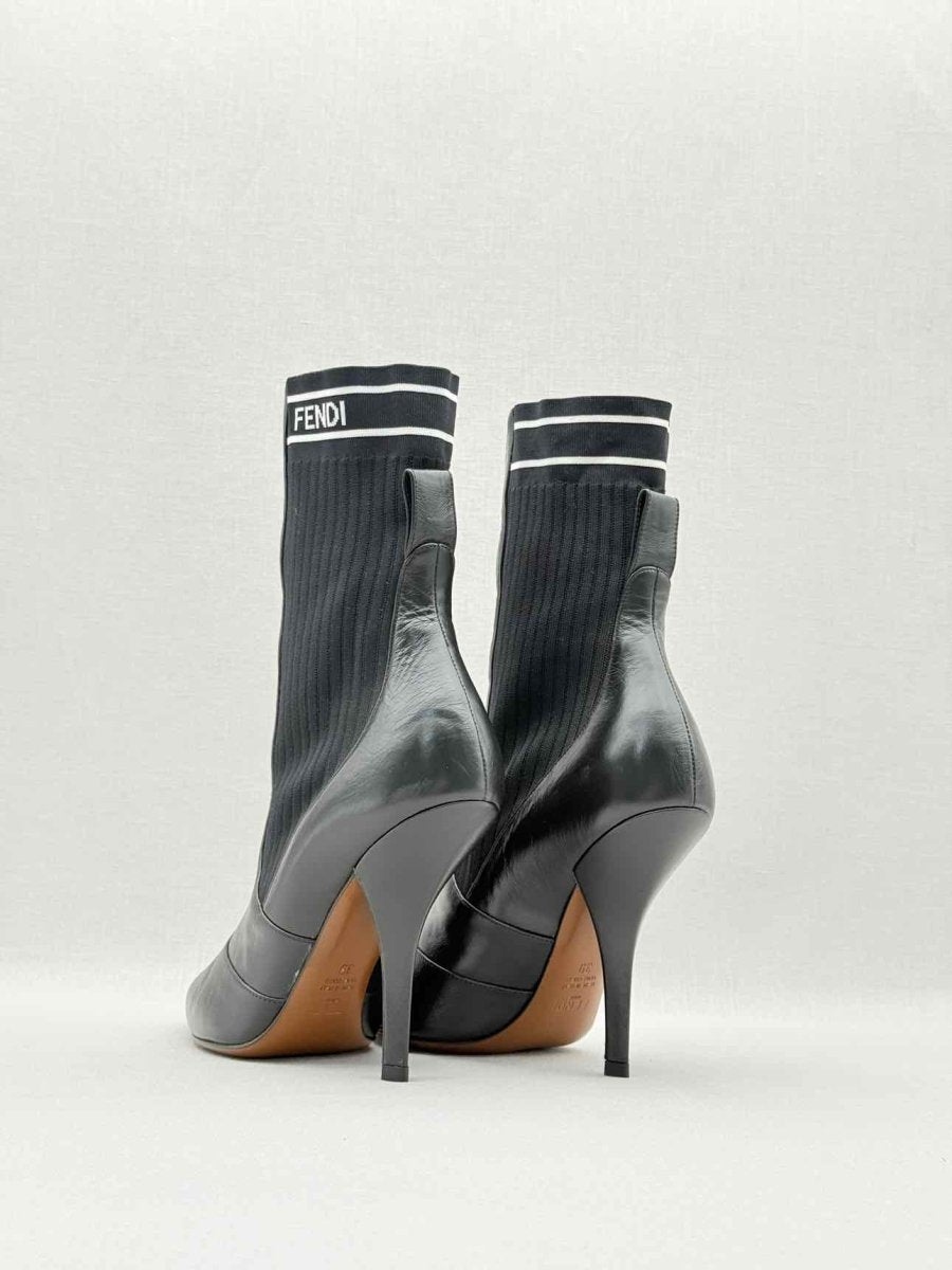 Pre - loved FENDI Black w/ White Logo Print Size EU 39 Ankle Boots at Reems Closet