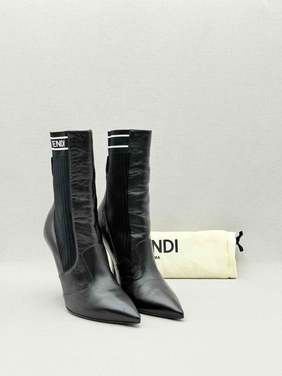 Pre - loved FENDI Black w/ White Logo Print Size EU 39 Ankle Boots at Reems Closet