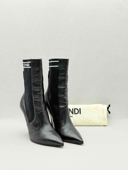 Pre - loved FENDI Black w/ White Logo Print Size EU 39 Ankle Boots at Reems Closet