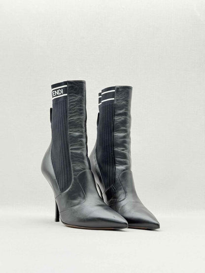 Pre - loved FENDI Black w/ White Logo Print Size EU 39 Ankle Boots at Reems Closet