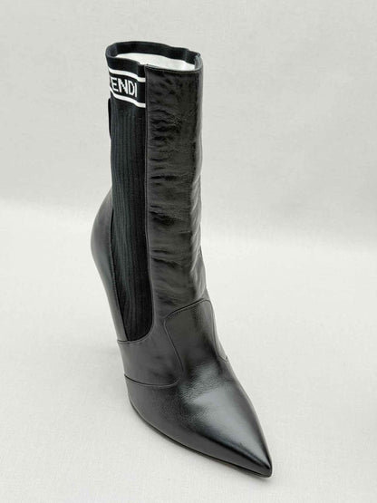 Pre - loved FENDI Black w/ White Logo Print Size EU 39 Ankle Boots at Reems Closet