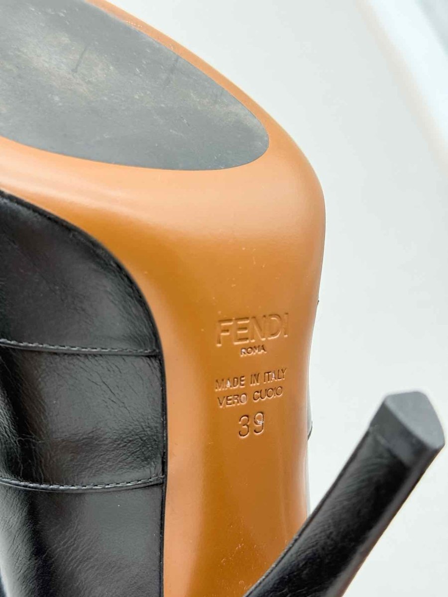 Pre - loved FENDI Black w/ White Logo Print Size EU 39 Ankle Boots at Reems Closet