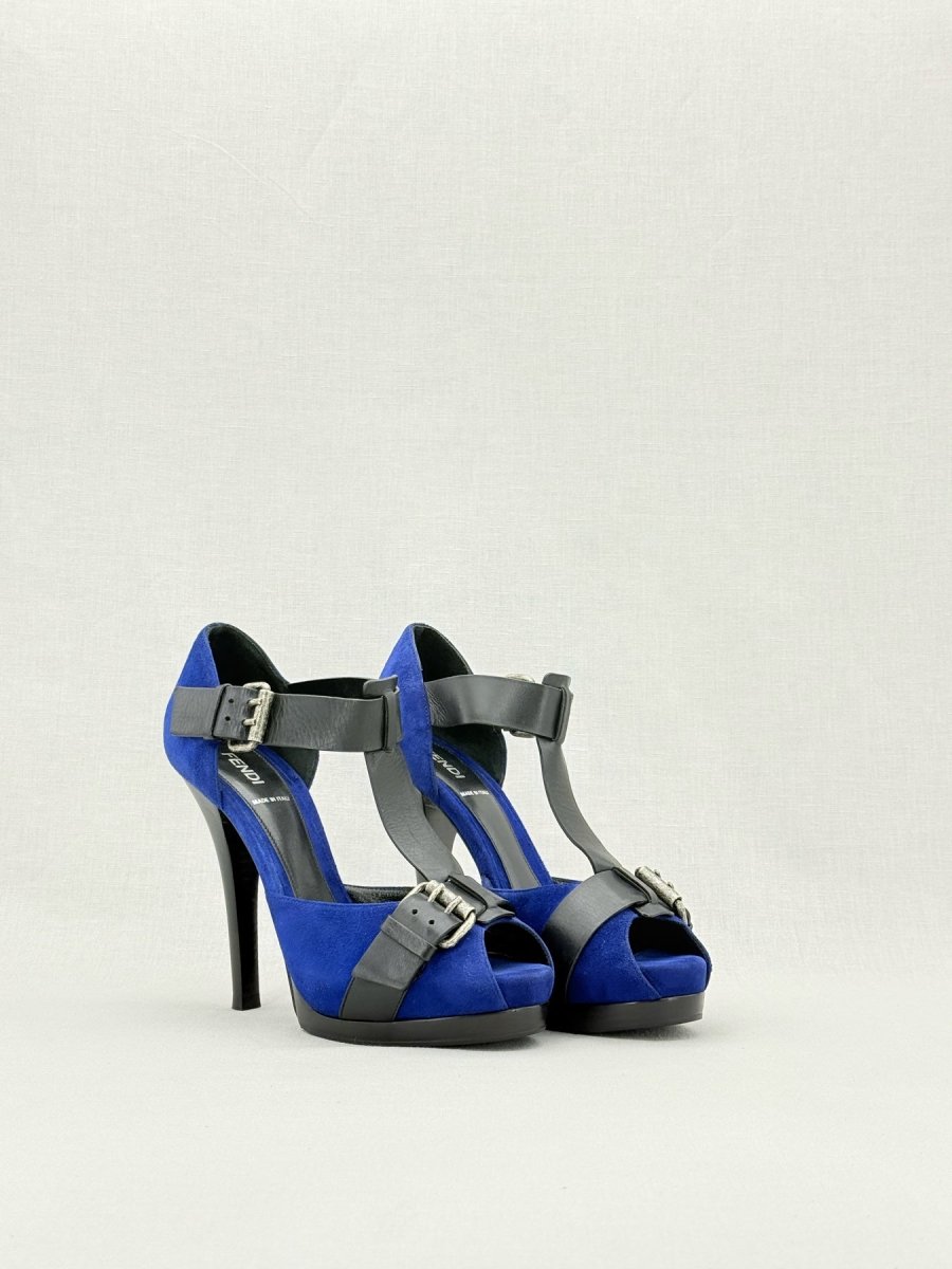 Pre - loved FENDI Blue & Black Size EU 39 Heeled Sandals at Reems Closet