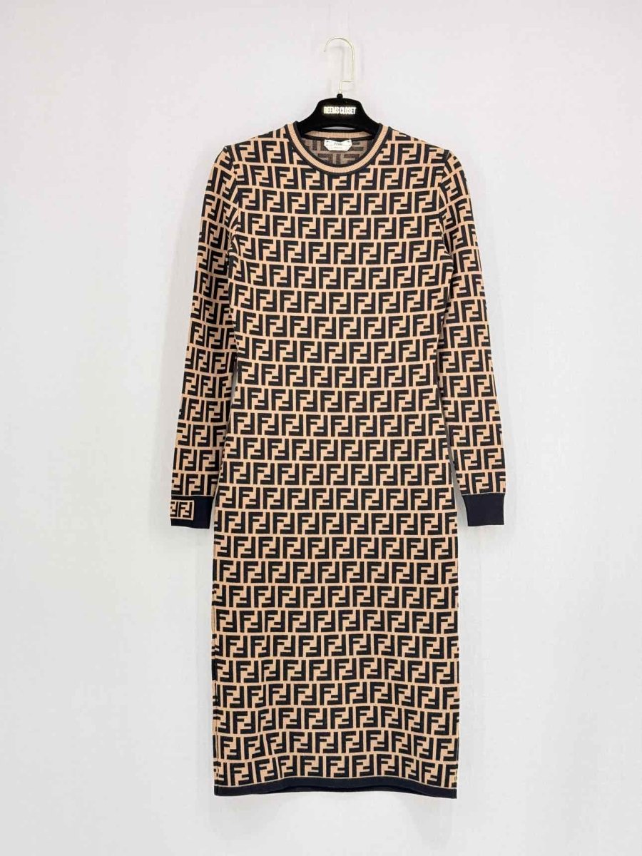 Pre - loved FENDI Brown FF Jacquard Size US 0 Midi Dress at Reems Closet