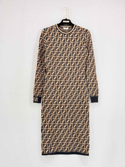 Pre - loved FENDI Brown FF Jacquard Size US 0 Midi Dress at Reems Closet