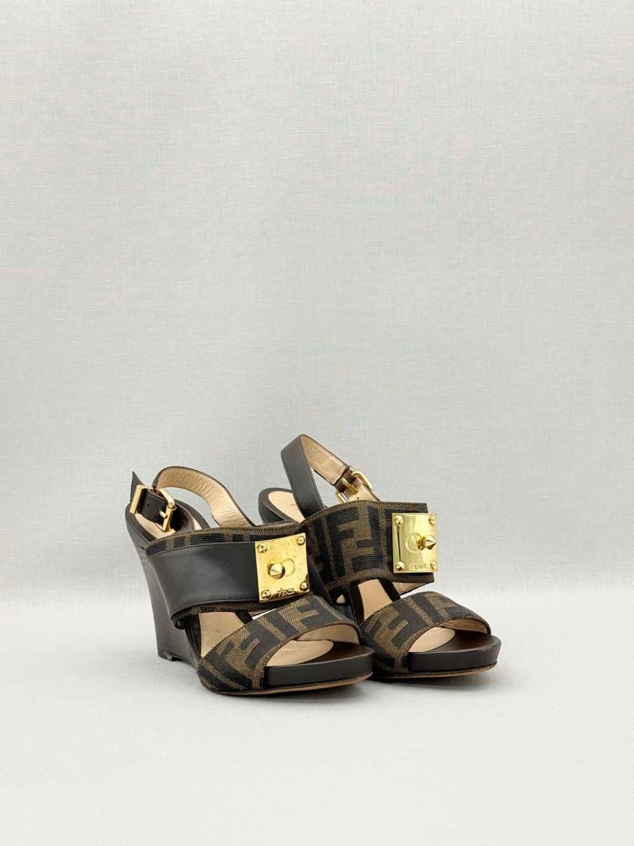Pre-loved FENDI Brown Zucca Size EU 35 Wedges at Reems Closet