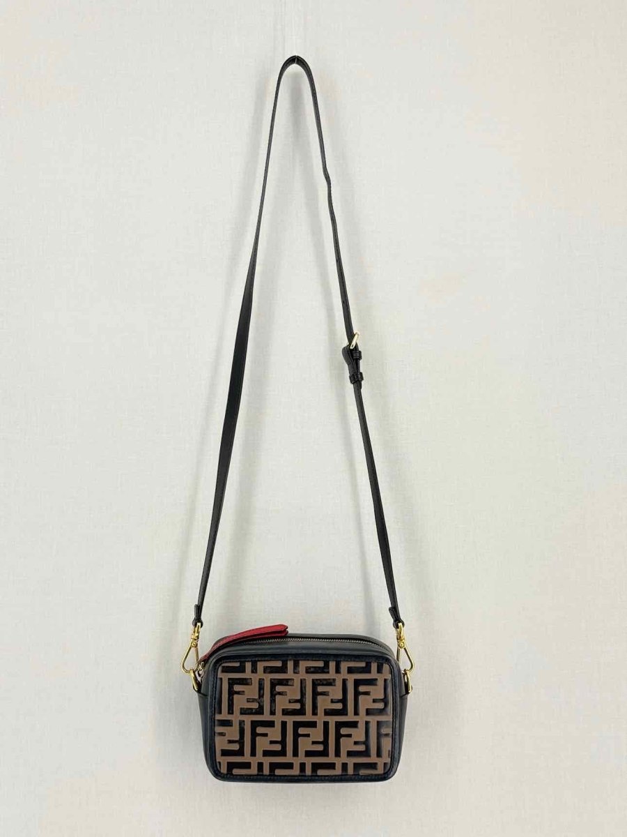 Pre-loved FENDI Camera Case Black & Brown Embossed Crossbody at Reems Closet