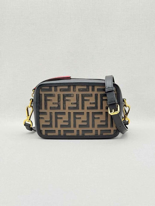 Pre-loved FENDI Camera Case Black & Brown Embossed Crossbody at Reems Closet