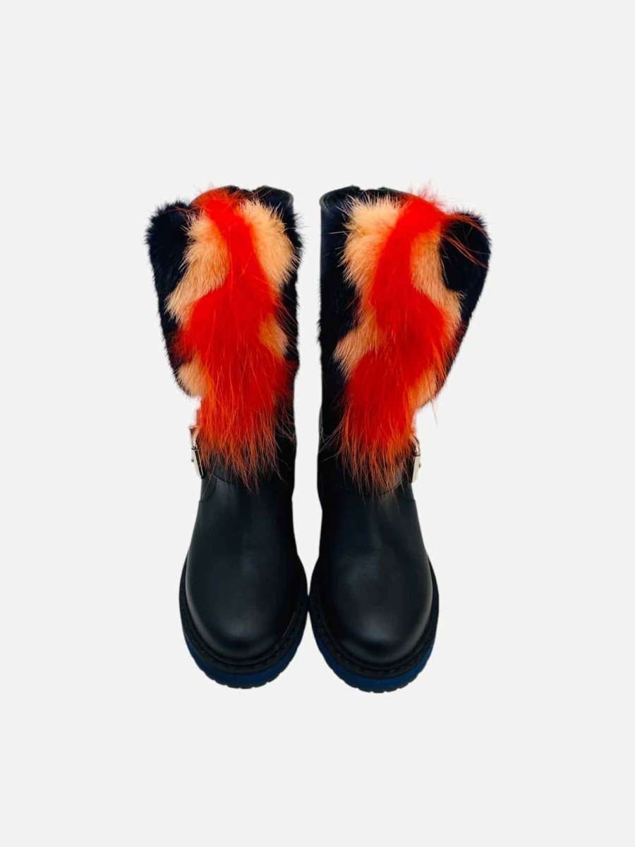 Pre - loved FENDI Caroline Black w/ Orange Fur Ankle Boots at Reems Closet