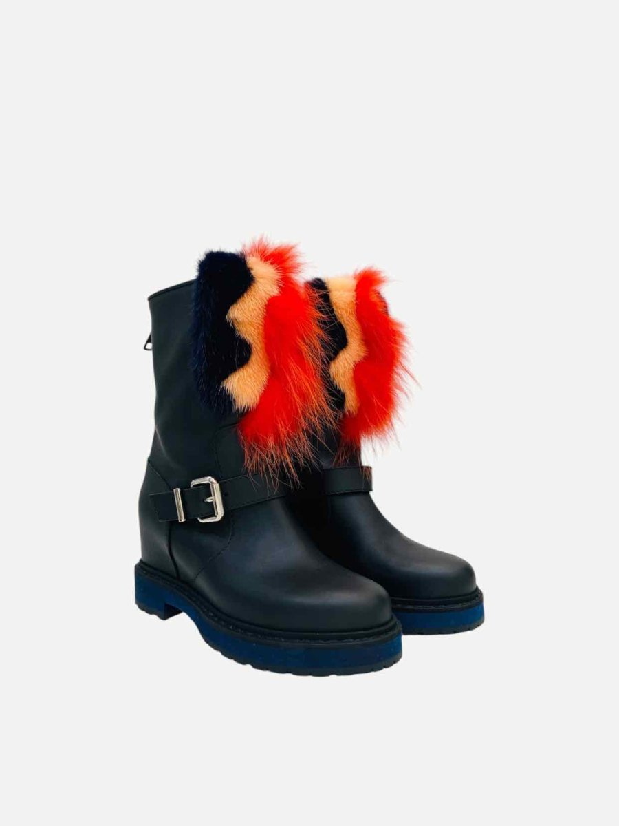 Pre - loved FENDI Caroline Black w/ Orange Fur Ankle Boots at Reems Closet