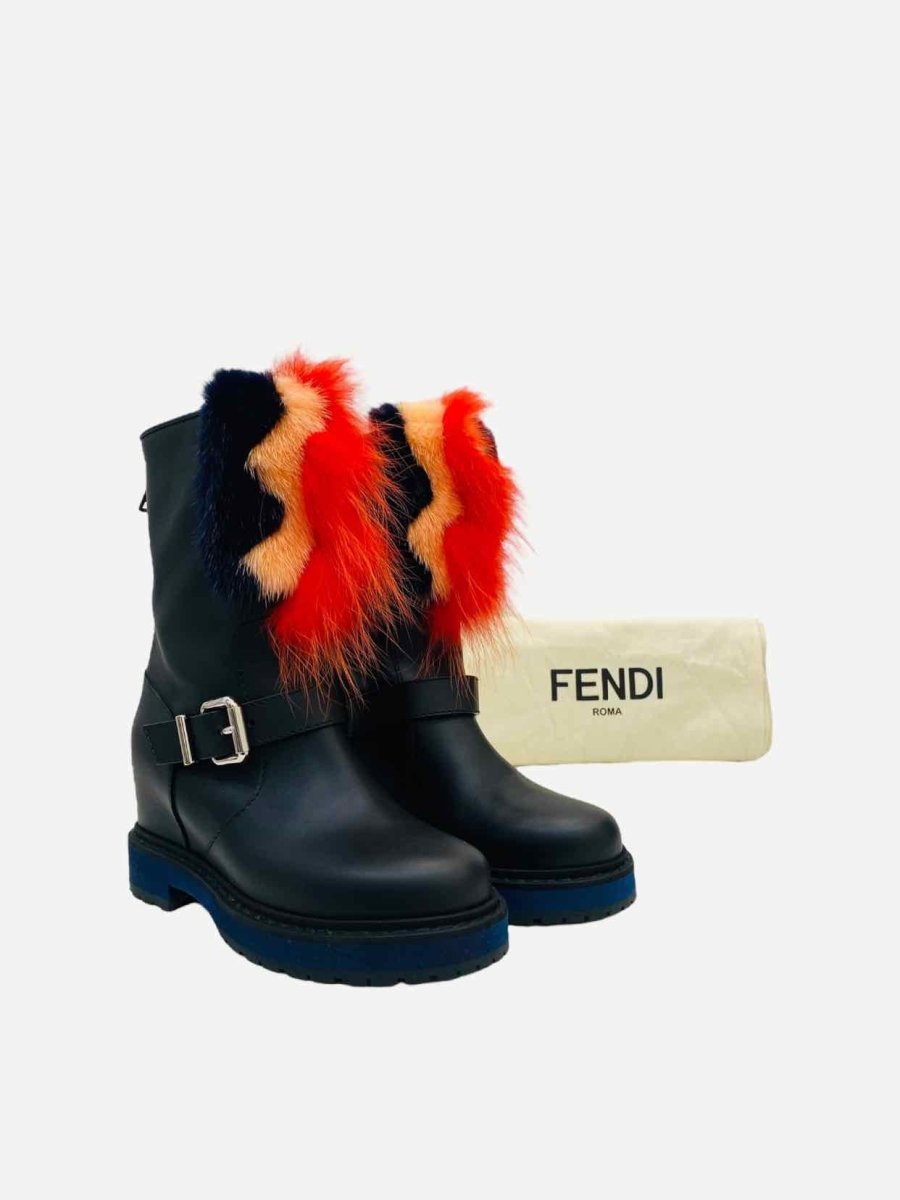 Pre - loved FENDI Caroline Black w/ Orange Fur Ankle Boots at Reems Closet