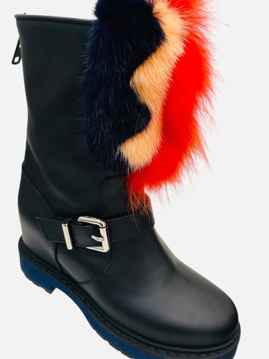 Pre - loved FENDI Caroline Black w/ Orange Fur Ankle Boots at Reems Closet