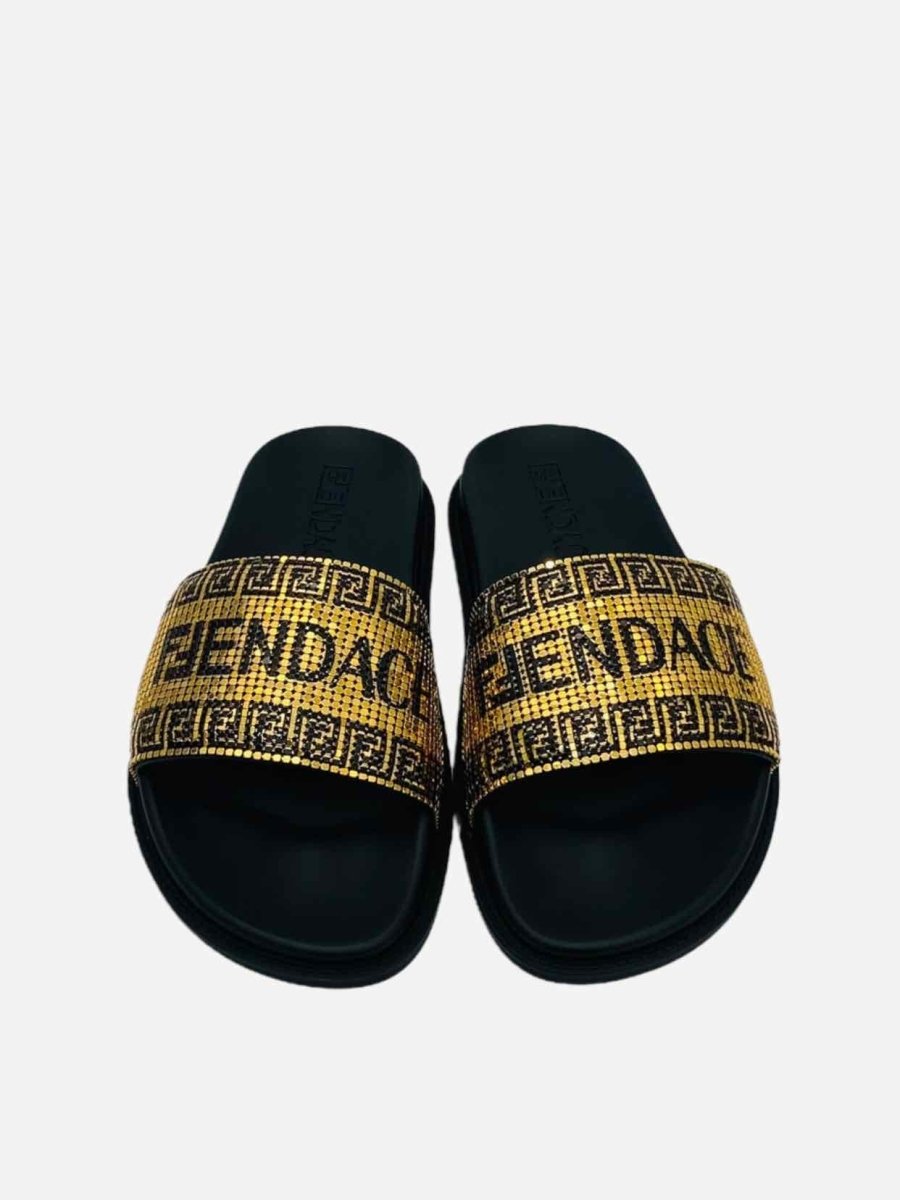 Pre - loved FENDI Fendace Gold & Black Logo Slides 39 at Reems Closet