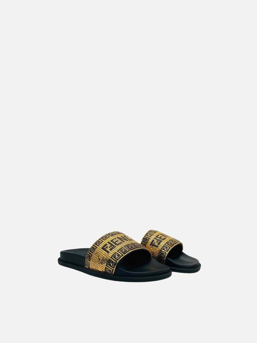 Pre - loved FENDI Fendace Gold & Black Logo Slides 39 at Reems Closet