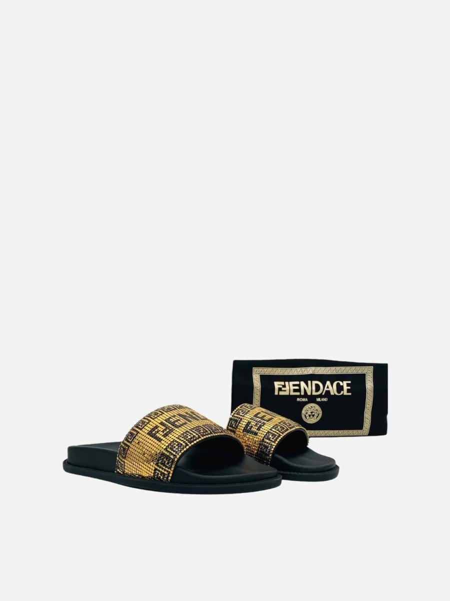 Pre - loved FENDI Fendace Gold & Black Logo Slides 39 at Reems Closet